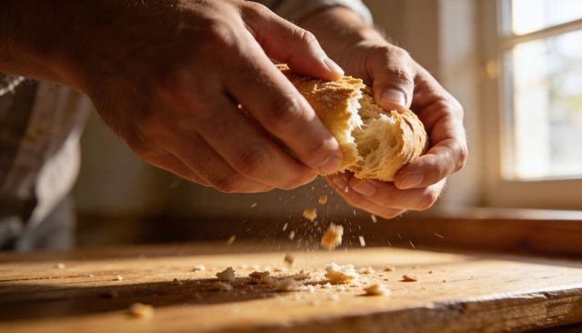 Hands tearing crusty artisan bread on sunlit wooden countertop, crumbs falling closeup
