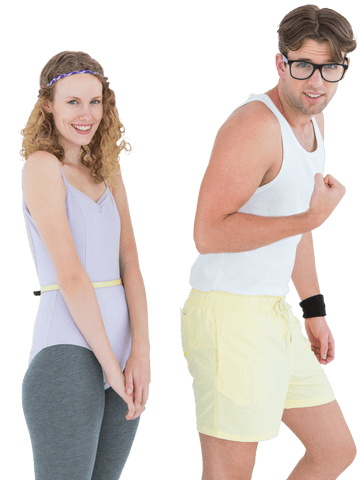 Energetic hipster couple in transparent retro sportswear