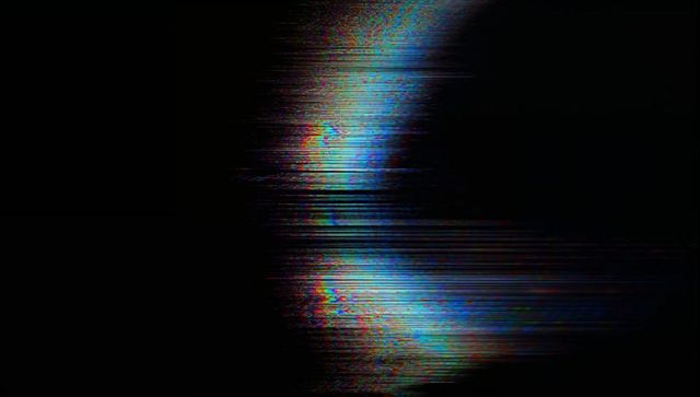 Vibrant digital glitch aura on black backdrop with scanline texture