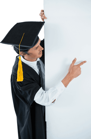 Transparent graduate pointing with enthusiasm behind panel
