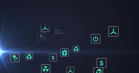 Floating teal sustainability icons drifting across dark futuristic digital interface