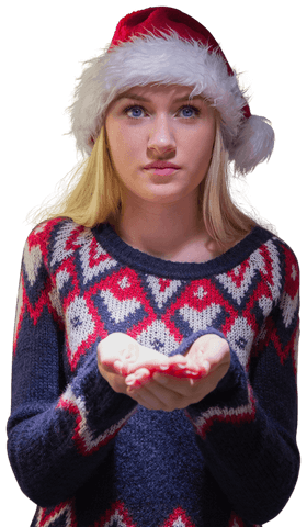 transparent blonde wearing festive sweater holding hands out - Download Free Stock Videos Pikwizard.com