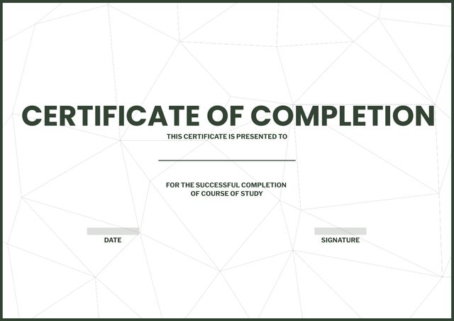 This blank certificate of completion features a modern design with green text and a geometric line background. It includes placeholders for the recipient's name, signature, and date. Perfect for educators, trainers, and businesses to award achievement for courses or training completion.