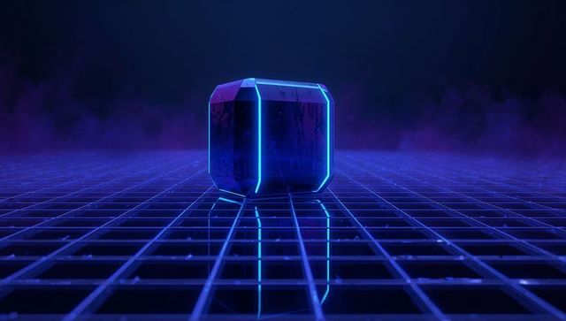 Futuristic neon cube reflecting in virtual grid chamber