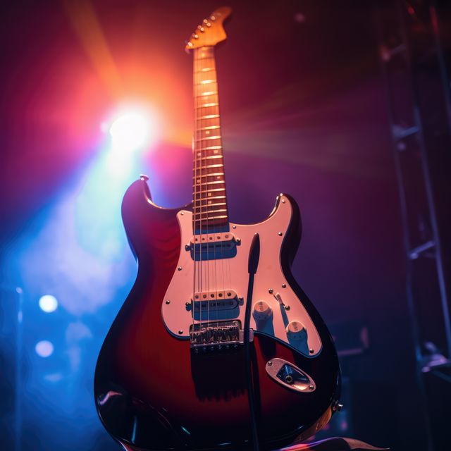 Close up of electric guitar with copy space and spot light on dark background. Music, music instrument and entertainment concept.