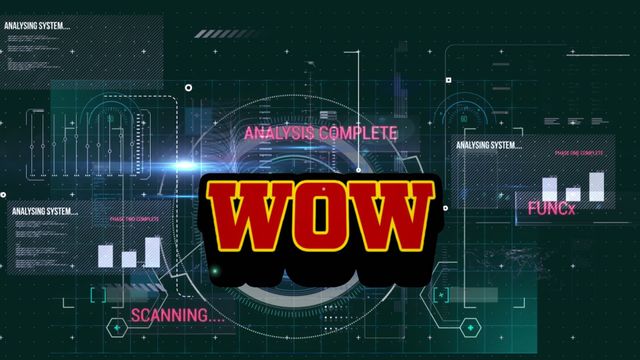 Futuristic animation depicting dynamic computer interface with data processing graphics and textual WOW element in the center. Ideal for enhancing visual content related to technology, digital concepts, and modern communication on social media platforms.