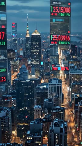 Vertical dusk financial district skyline with streaming stock ticker panels updating market data