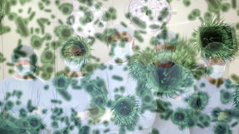 Surgeons in Operating Room with COVID-19 Cell Overlay