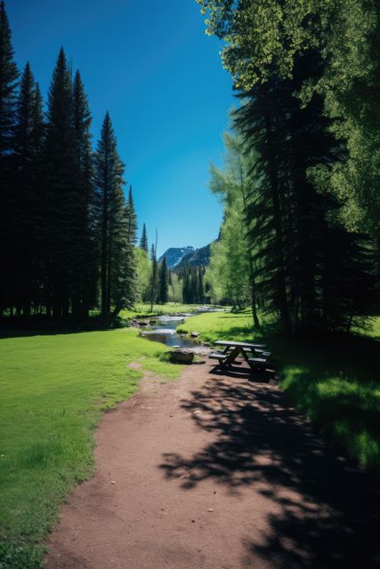 Serene mountain river scene featuring a picnic table and sandy trail all surrounded by pine trees under a clear blue sky. Ideal for promoting outdoor activities, relaxation retreats, hiking adventures, nature parks, and family outings. Excellent visual aid for travel brochures, websites for travel agencies, and advertising nature-related products.