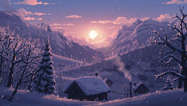 Pixel art winter dawn over mountain valley with smoking cabin and voxel twilight