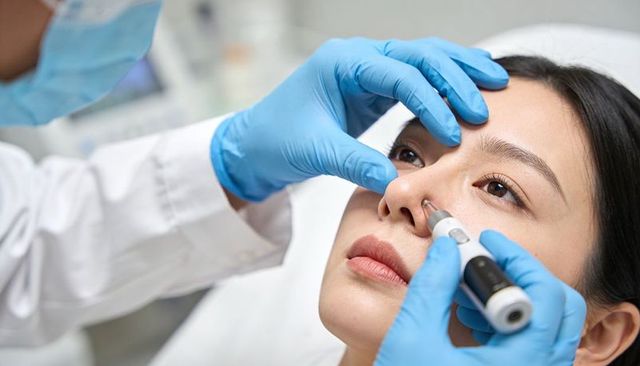Female patient receiving precise nasal treatment with handpiece by gloved clinician