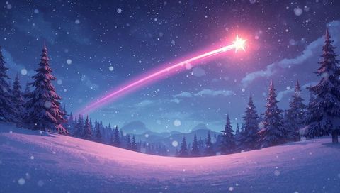 Pink comet streaking across starry winter sky over snowy pine forest