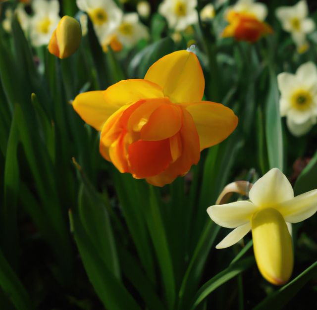 Capturing bright, colorful daffodils with a mix of yellow and orange hues, perfect for themes related to spring, renewal, and gardening. Ideal for floral enthusiasts, gardening websites, and seasonal marketing materials illustrating the beauty of nature in bloom.