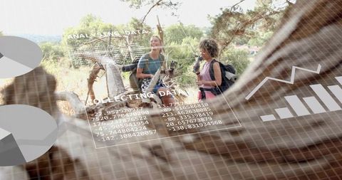 Two women hiking on sunlit wooded hillside with backpacks and ar data overlays, analytics