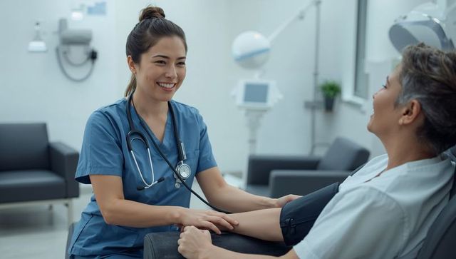 Smiling nurse measuring blood pressure for patient in clinic using stethoscope and cuff