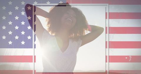 Joyful Woman at Beach with Glitch American Flag Overlay