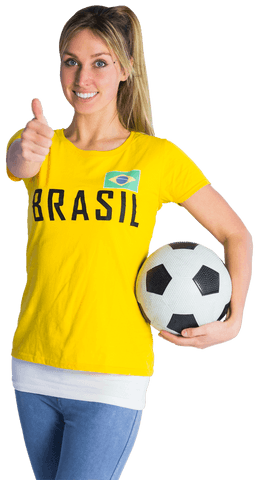 Smiling brazilian football fan showing thumbs up on transparent background