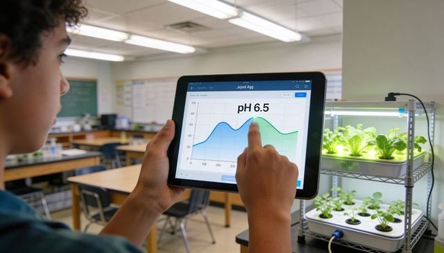 Student tapping tablet displaying ph 6.5 graph next to hydroponic rack in school stem lab