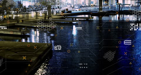 Digital Data Networks Over a Night City Shopping Dock Visualization