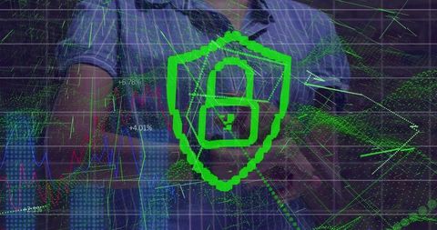 Cybersecurity Professional Analyzing Security Data with Digital Shield Icon