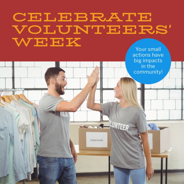 This image captures a joyful moment between two volunteers exchanging a high-five during Volunteers' Week. Ideal for promoting community events, volunteer programs, and corporate social responsibility campaigns. Use for marketing materials, social media posts, and awareness campaigns emphasizing teamwork, unity, and positive community impact.