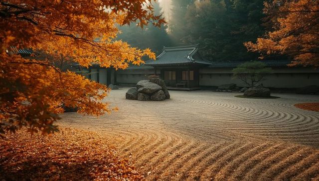 Peaceful zen garden with autumn foliage and traditional temple