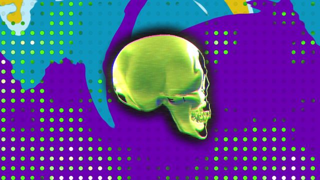 Vibrant glowing 3D human skull model with animated colorful shapes changing on blue lights background. Suitable for digital artwork, sci-fi themed designs, and modern graphic elements. Perfect for use in presentations, posters, and advertising related to technology, science fiction, or Halloween.