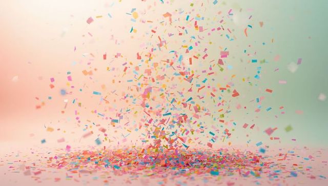 Swirling multicolor confetti column over pastel surface for party events background