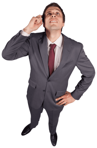 Transparent Caucasian Businessman in Grey Suit Thinking Upward