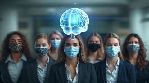 Women in Masks Embracing Innovation with Brain Hologram