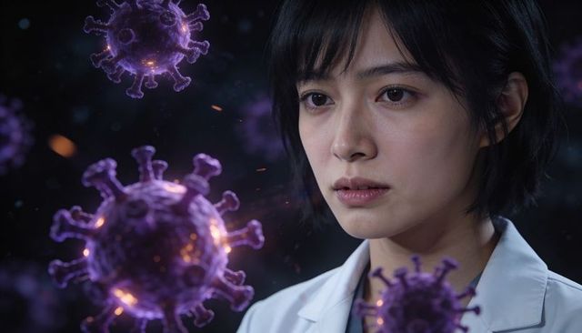 Researcher studying floating virus models in lab coat, cinematic closeup portrait, moody