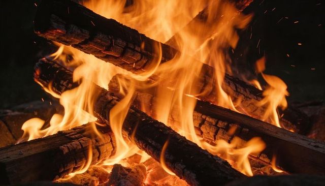 Crackling backyard bonfire with charred logs, glowing embers and dancing orange flames