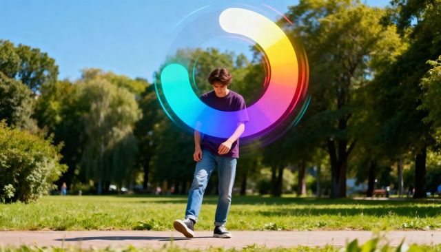 Young man walking through urban park with vibrant holographic color wheel overlay and digital aura