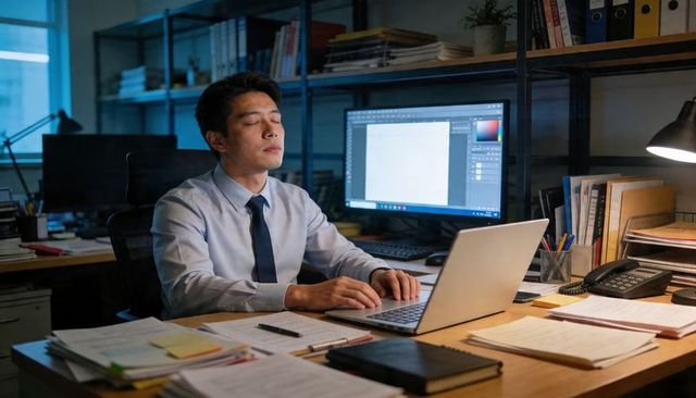 Asian businessman resting at cluttered desk late night with laptop and monitor glow