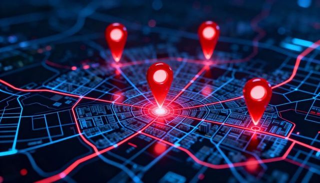 Holographic urban network showing central red location pin and neon route grid