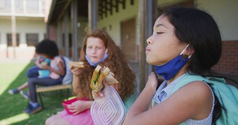 School Children Wearing Masks Eating Outdoors During Pandemic