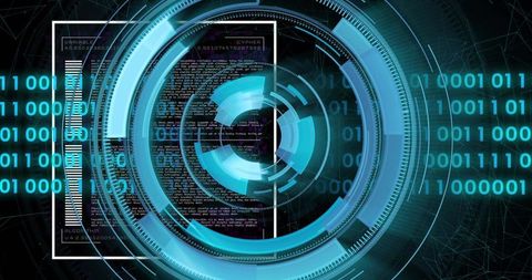 Futuristic cyan radial hud interface activating with binary streams and dynamic data rings