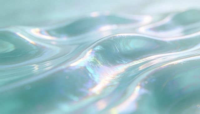 Iridescent pearlescent liquid surface with pastel rainbow ripples luminous opalescent glow