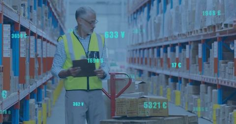 Caucasian warehouse employee with digital data overlays