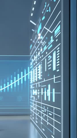 Vertical panning video revealing futuristic data dashboards with rising bar charts
