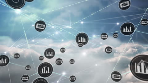 Digital Icons Floating over Cloudy Sky Illustrating Global Networking