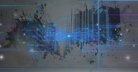 Streaming blue data beam pulsing through cyberpunk city grid with neon circuitry overlay