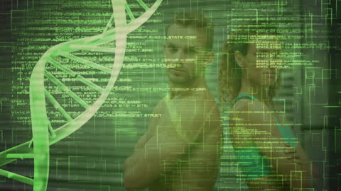 Futuristic DNA Overlay with Exercising Individuals