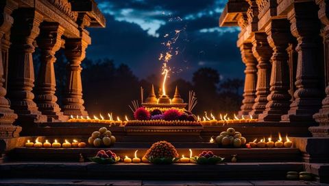 Golden shrine courtyard at dusk with lit oil lamps and marigolds, vishu festival