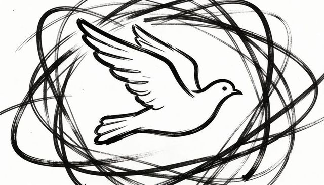 Minimalist black and white dove with ink scribble halo flying line art symbolizing peace