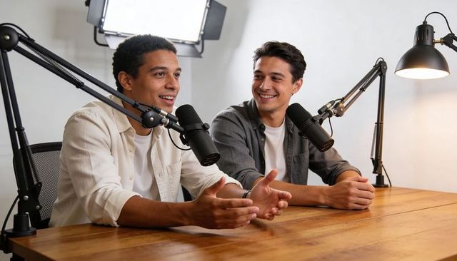 Two young men recording podcast together in minimalist studio with microphones and softbox lighting
