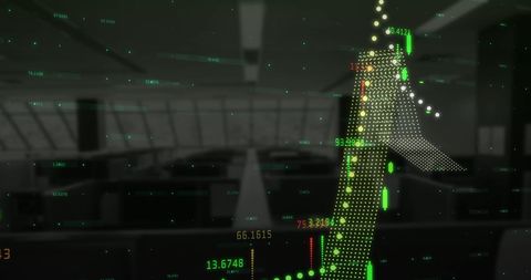 Digital Financial Data Display on Abstract World Map in Modern Office