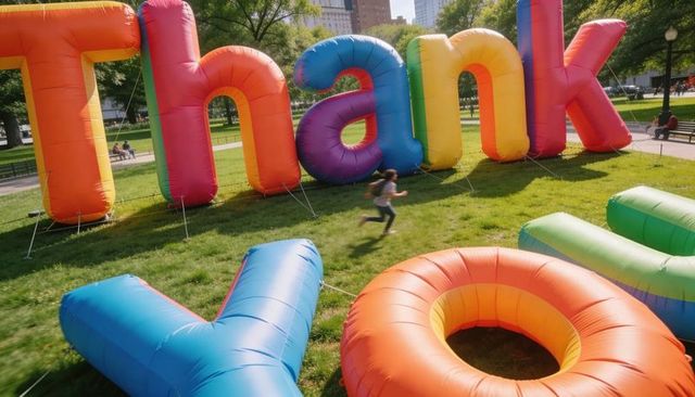 Running child dashing through urban park past giant colorful inflatable thank you letters