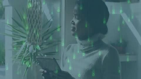 Tech Professional Analyzing Tablet with Digital Binary Code Overlay