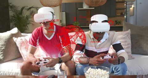 Friends wearing vr headsets playing games on couch with red system hacked glitch overlay